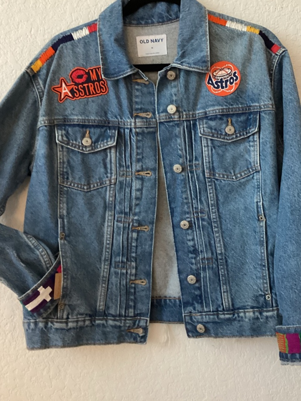 Custom Old Navy Denim Jacket with Consuela and Astros Patches and detail ♥️